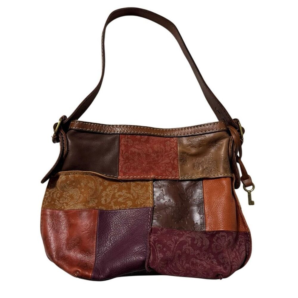 Fossil Patchwork Genuine Leather Shoulder Bag Brown Boho Floral Embossed Purse